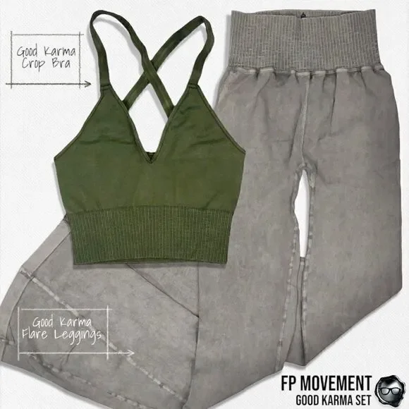 FP MOVEMENT GOOD KARMA SET: CROP TANK BRA + FLARE LEGGINGS IN MUSHROOM & GREEN - Picture 15 of 15